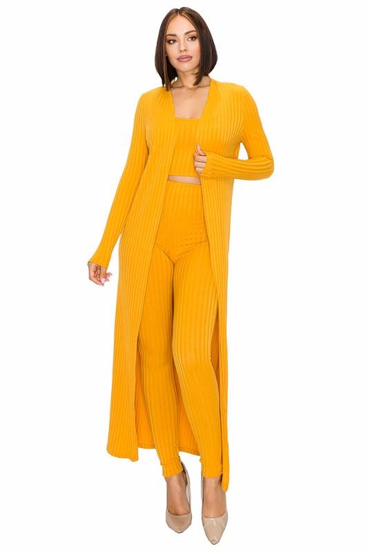 3pc set- ribbed duster cardigan, crop top, & leggings-Pants Set-Gibiu-Mustard-GST3988H-5849-10-tikolighting
