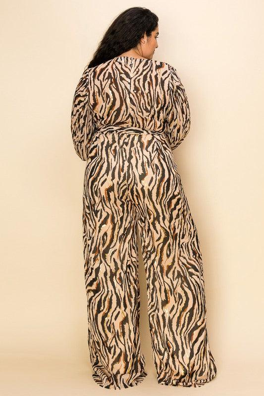 PLUS tiger print pleated long sleeve jumpsuit - tikolighting