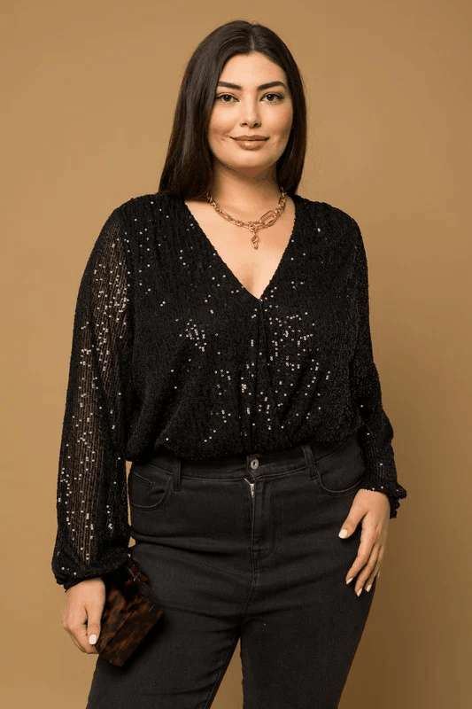 PLUS Long Sleeve Sequin Wrap Bodysuit RK Collections Boutique plus-long-sleeve-sequin-wrap-bodysuit-rk-collections-boutique