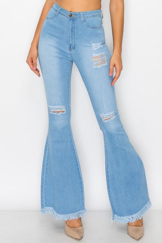 High waist stretch bell bottom jean with rips and fray BC011-Jeans-Lover Brand-Light Wash-BC011-1-tikolighting