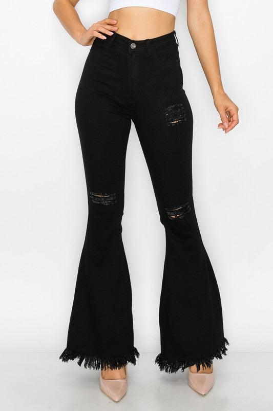 ripped knees high waist stretch bell bottom jeans BC012-Jeans-Lover Brand-Black-BC012-1-tikolighting