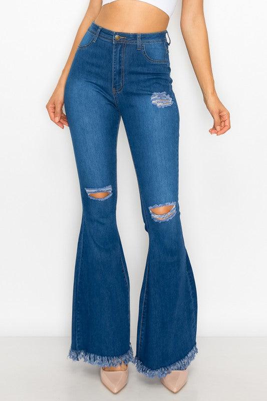 ripped knees high waist stretch bell bottom jeans BC-013-Jeans-Lover Brand-Mid Wash-BC-013-1-tikolighting