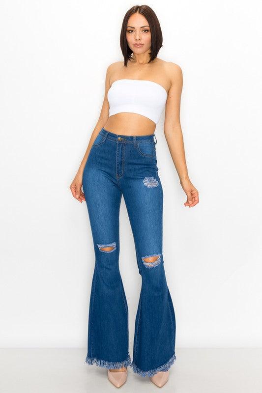 ripped knees high waist stretch bell bottom jeans BC-013-Jeans-Lover Brand-tikolighting