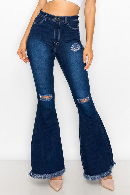 ripped knees high waist stretch bell bottom jeans BC-014-Jeans-Lover Brand-Dark Wash-BC-014-1-tikolighting