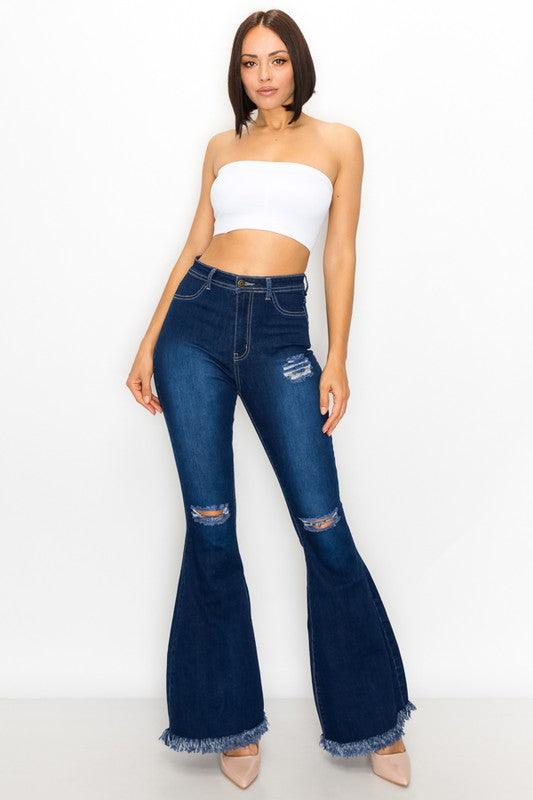 ripped knees high waist stretch bell bottom jeans BC-014-Jeans-Lover Brand-tikolighting