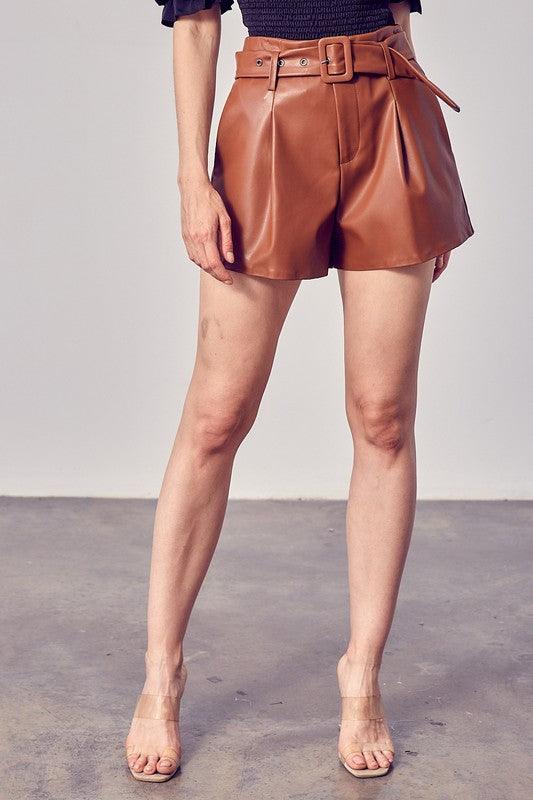 belted faux leather shorts-Shorts-Do & Be-Toffee-Y18953-1-tikolighting