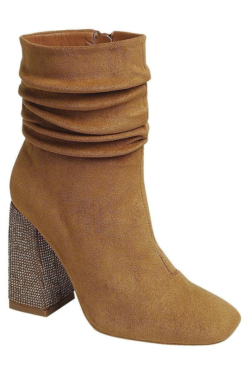 rhinestone chunky heel suede bootie - tikolighting