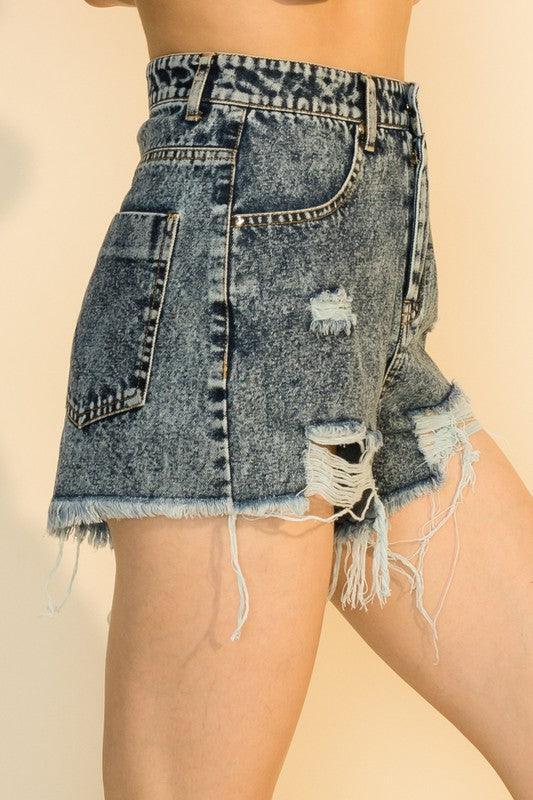 distressed frayed high waist jean shorts-Shorts-HyFve-tikolighting