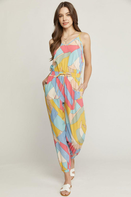 double v printed jumpsuit with adjustable straps - tarpiniangroup