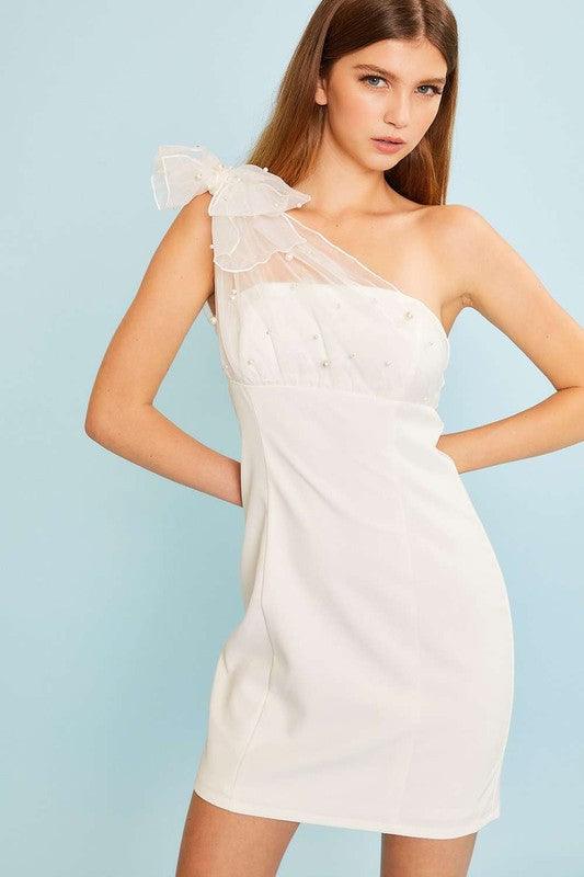 pearl one shoulder bow dress