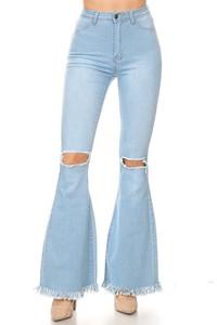 High waist bell bottom jeans with rip & fray-Jeans-JC & JQ-Light Denim-GP3321-S-tikolighting