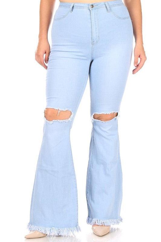 PLUS High waist bell bottom jeans with rip & fray-Jeans-JC & JQ-Light Denim-GP3321P-1-tikolighting