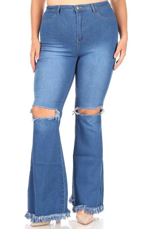 PLUS High waist bell bottom jeans with rip & fray-Jeans-JC & JQ-Mid Wash-GP3321P-4-tikolighting