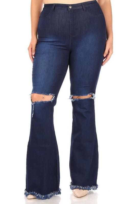 PLUS High waist bell bottom jeans with rip & fray-Jeans-JC & JQ-Dark Wash-GP3321P-7-tikolighting