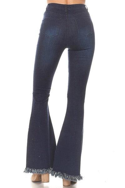 High waist stretch bell bottom jeans with rip & fray hem-Jeans-JC & JQ-tikolighting