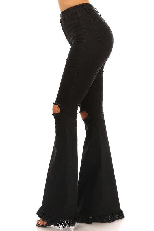 Stretch high waist bell bottom with ripped knee & frayed hem-Jeans-JC & JQ-RK Collections Boutique
