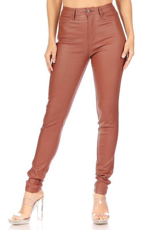 faux leather high waist coated stretch bell bottom pants