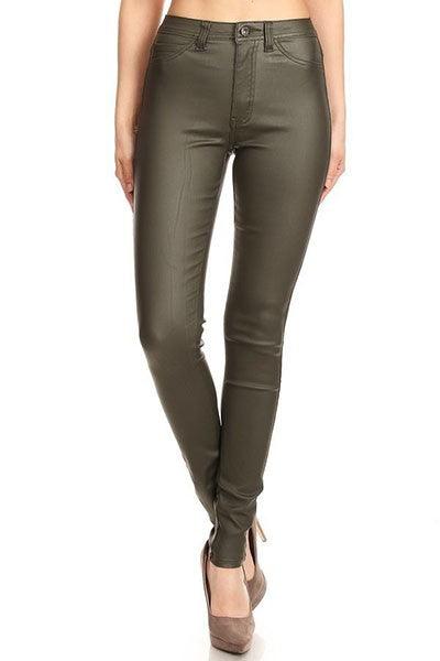 High waist faux leather stretch skinny jean-Jeans-JC & JQ-Olive-GP4100-5-tikolighting