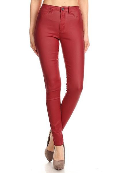 High waist faux leather stretch skinny jean-Jeans-JC & JQ-Burgundy-GP4100-9-tikolighting