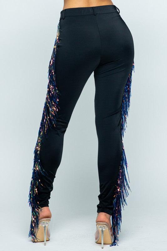 high waist skinny leg pant sequin fringe down legs - RK Collections Boutique
