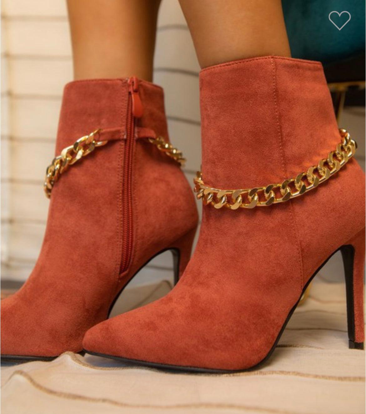 suede stiletto booties with chain