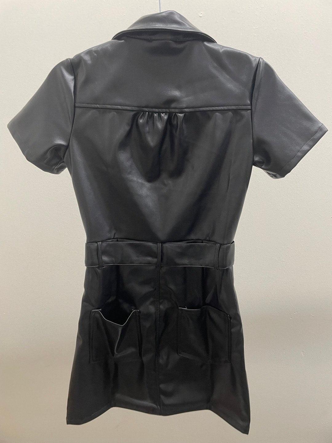 faux leather belted short sleeve zipper dress - tikolighting