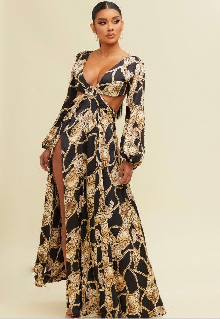 Elegant Black Brown Leopard Print V-Neck Cut-Out Satin Maxi Dress Long Sleeve with Middle Slit L / Black Elegant Black Brown Leopard Print V-Neck Cut-Out Satin Maxi Dress Long Sleeve with Middle Slit L / Black