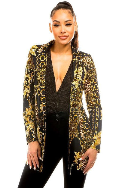 leopard/chain print slinky matte jersey blazer - RK Collections Boutique
