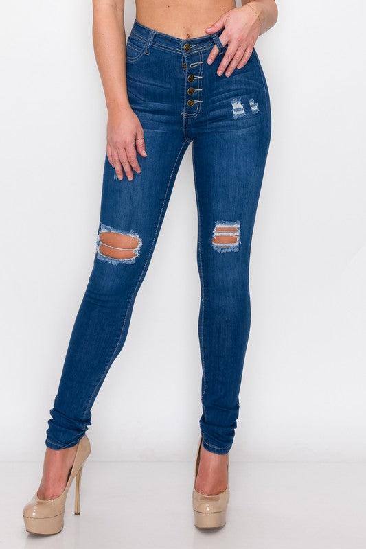 Exposed buttons high waist ripped knee skinny jeans LO166-Jeans-Lover Brand-Mid Wash-LO166-1-tikolighting