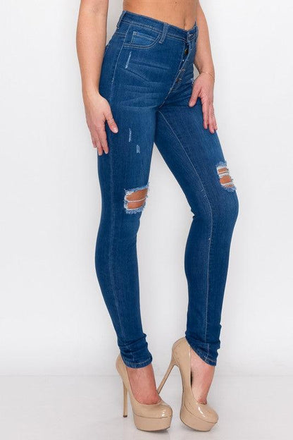 Exposed buttons high waist ripped knee skinny jeans LO166-Jeans-Lover Brand-tikolighting
