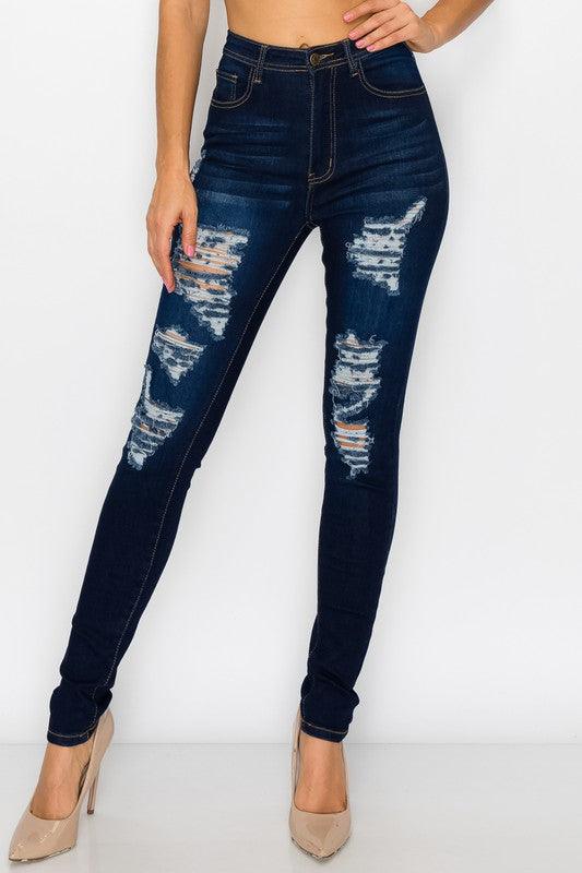 High waist stretch ripped skinny jeans LO-180-Jeans-Lover Brand-Dark Wash-LO-180-1-tikolighting