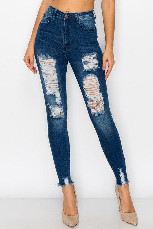 High waist ripped skinny jeans LO-181-Jeans-Lover Brand-Dark Wash-LO-181-1-tikolighting