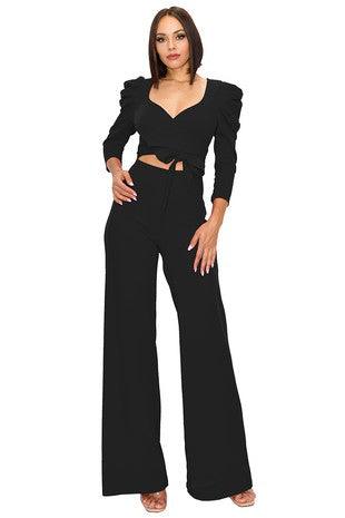 Puff short sleeve cutout flare leg jumpsuit-Jumpsuit-Gibiu-Black-GR4471-1-RK Collections Boutique
