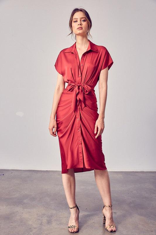 Satin Ruched Button Up Tie-Front Midi Dress Red / Small Satin Ruched Button Up Tie-Front Midi Dress Red / Small