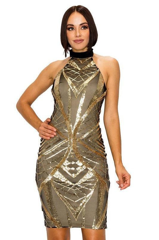 sequin pattern halter dress Gold/Black / MEDIUM sequin pattern halter dress Gold/Black / MEDIUM