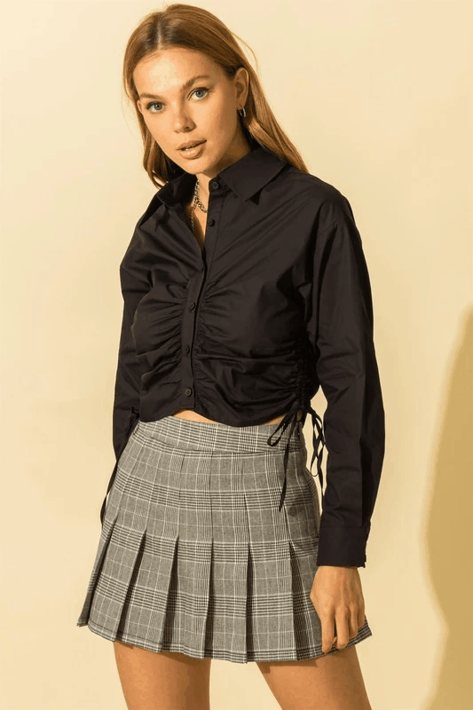 woven button down drawstring ruched crop top - tikolighting