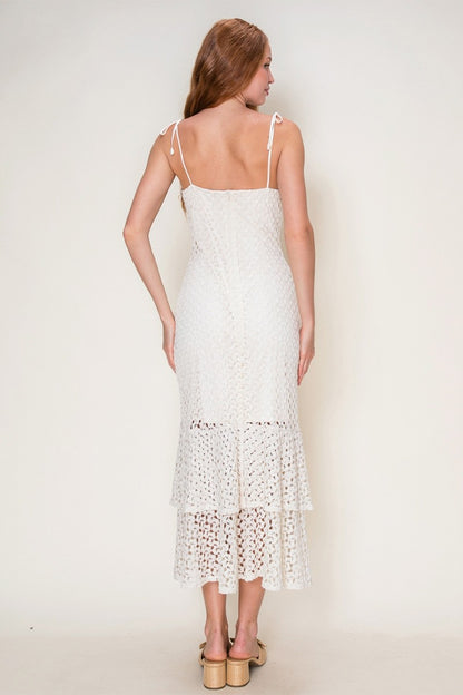 Crochet Knit Ruffle Detail Tied Shoulder Midi Dress