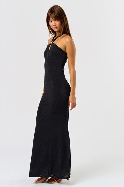 Glam Metal Trim Halter Maxi Dress