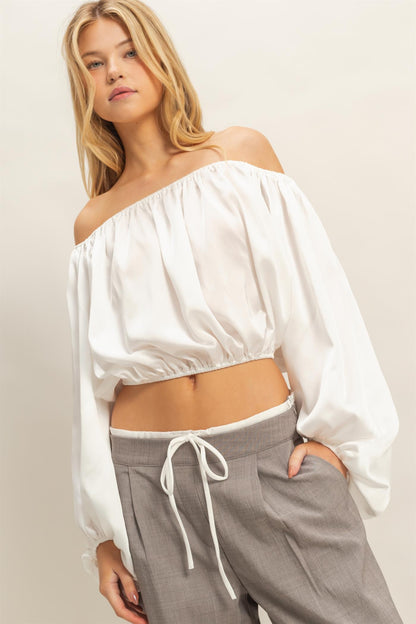 Balloon Sleeve Off the Shoulder Satin Blouse