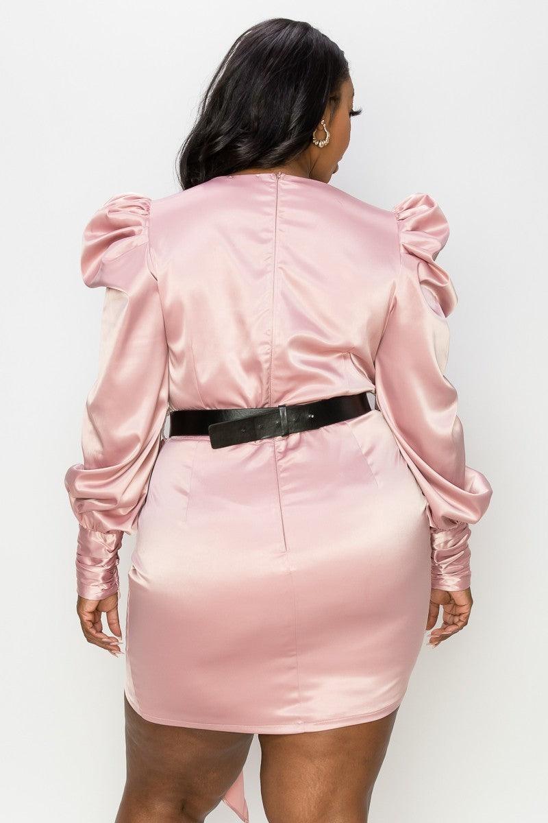 Plus Satin Surplice Belted Puff Sleeve Dress Pink / 3XL Plus Satin Surplice Belted Puff Sleeve Dress Pink / 3XL