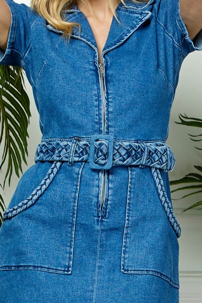 braid detail short sleeve denim dress