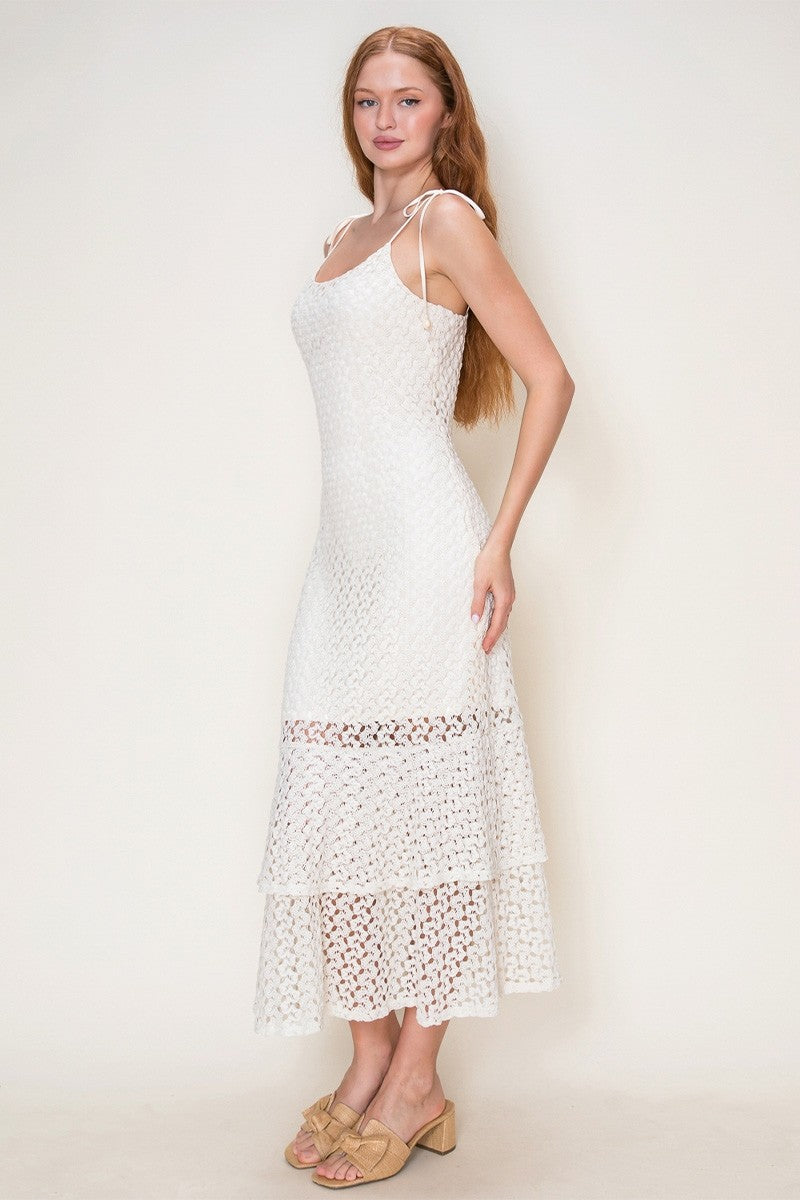 Crochet Knit Ruffle Detail Tied Shoulder Midi Dress