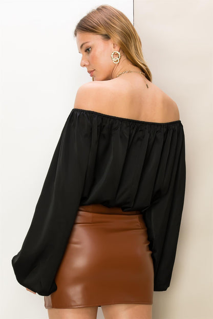 satin off the shoulder long sleeve top - RK Collections Boutique