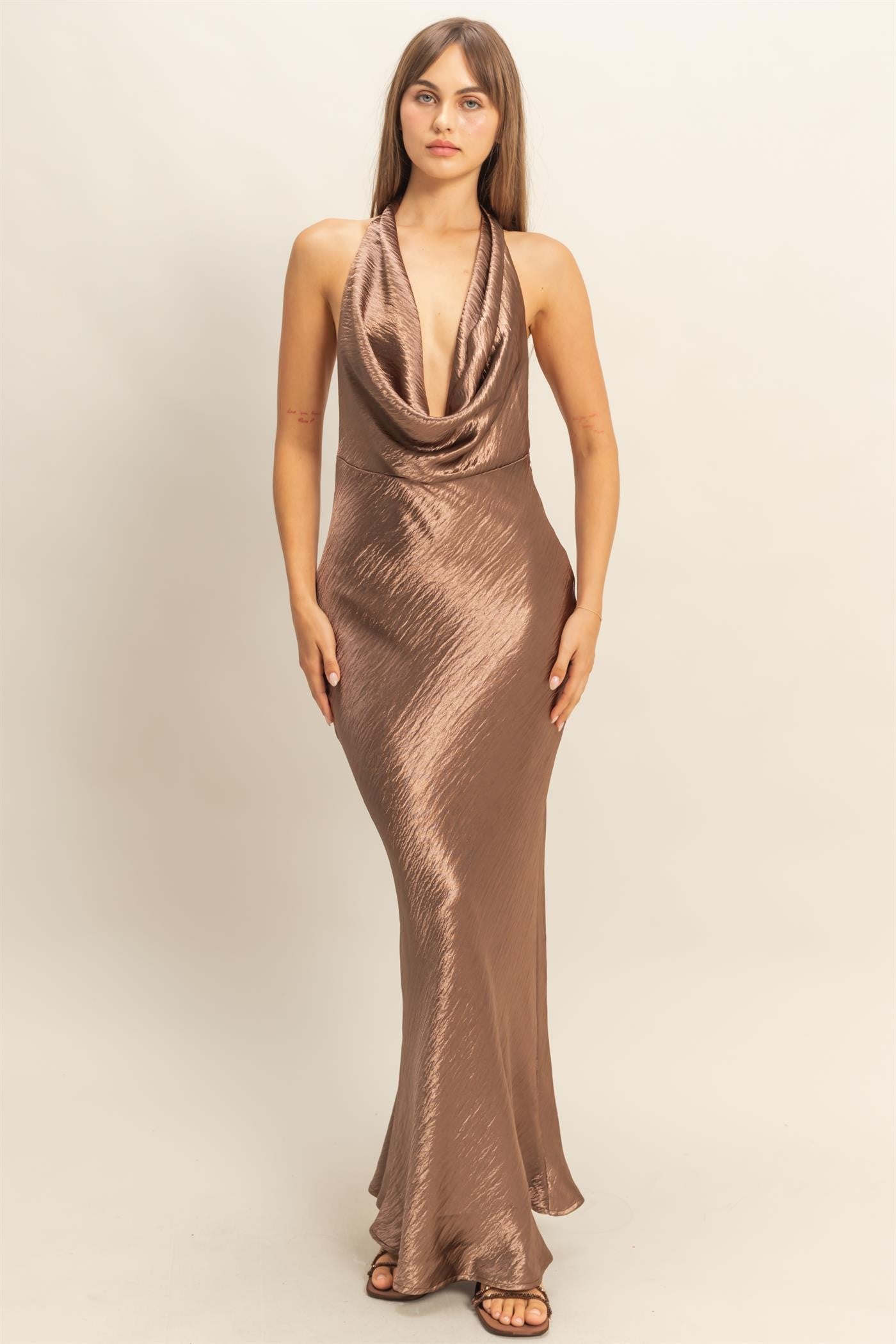 Drape Neck Sleeveless Satin Maxi Dress