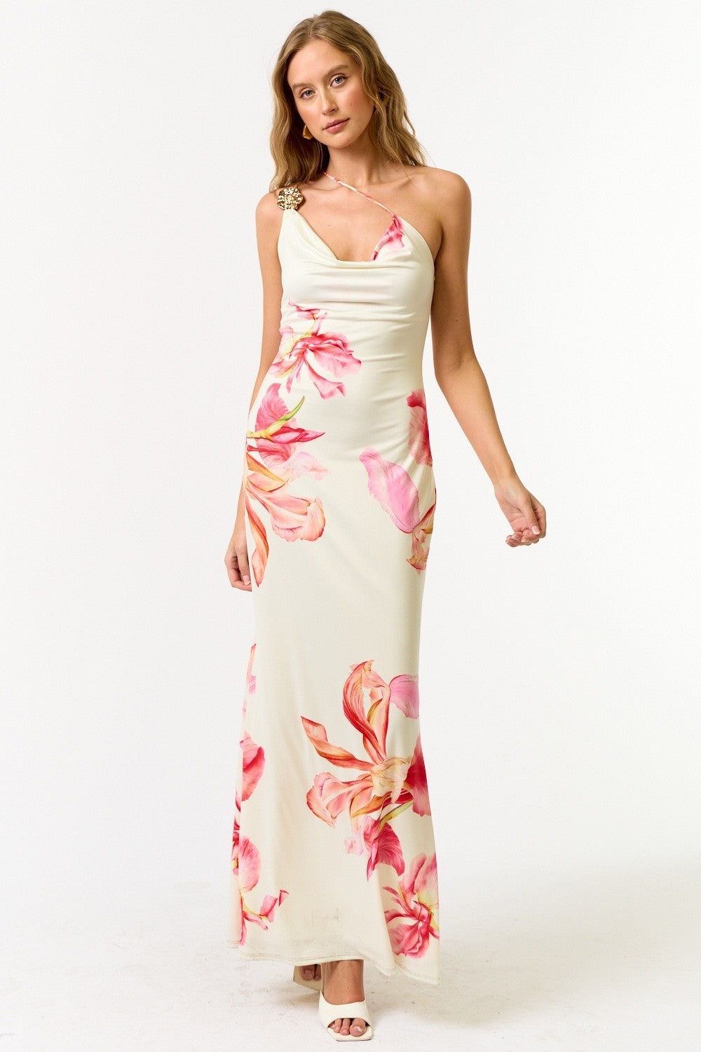 Floral Cowl Neck One Shoulder Maxi Dress