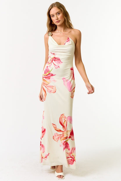 Floral Cowl Neck One Shoulder Maxi Dress