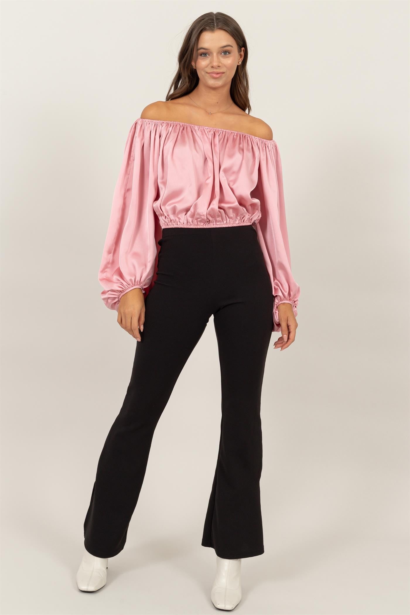 satin off the shoulder balloon sleeve top