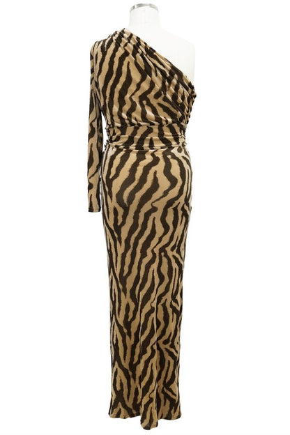 zebra print one shoulder maxi dress