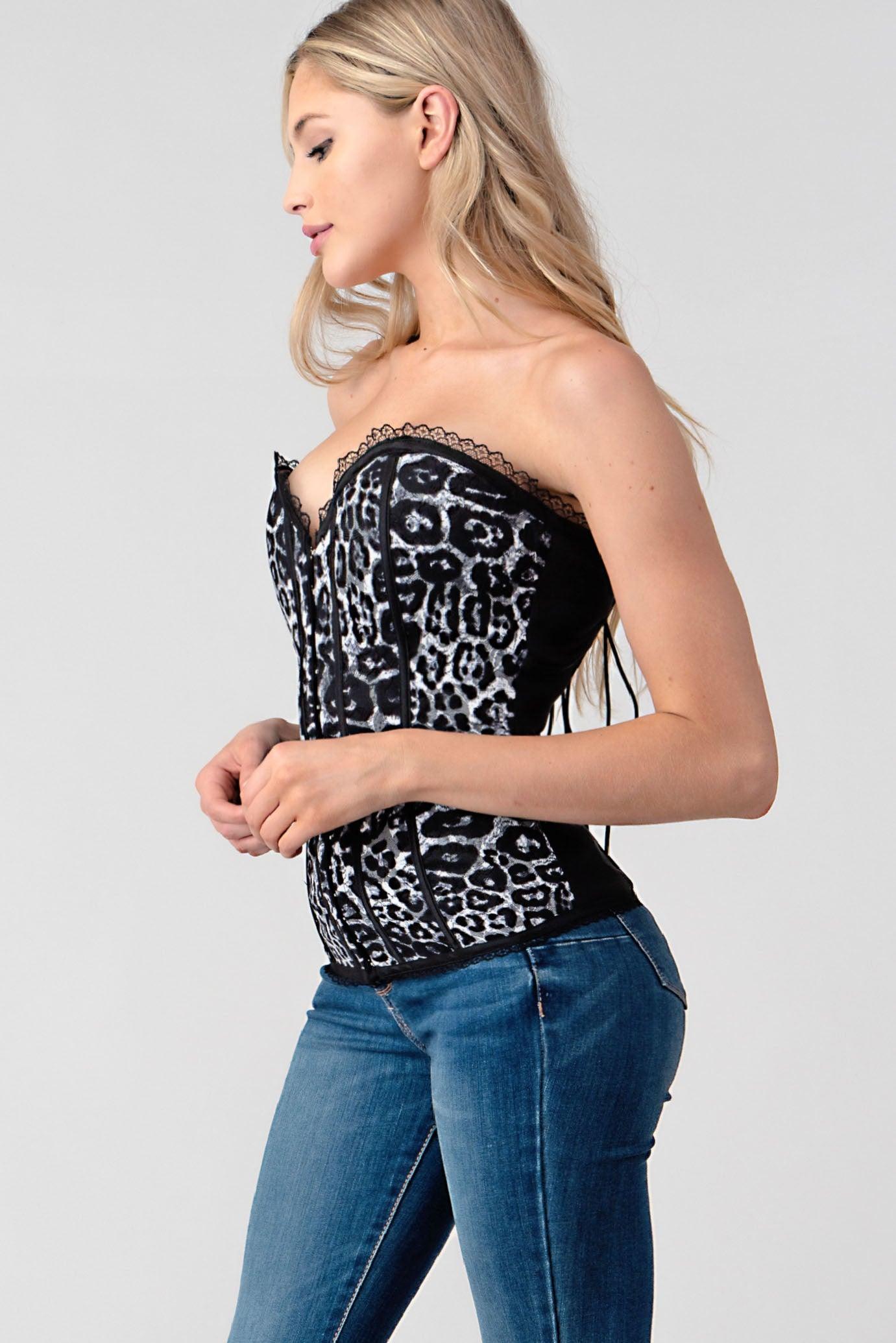 leopard lace trim tie up back corset - RK Collections Boutique