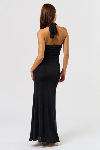 Glam Metal Trim Halter Maxi Dress